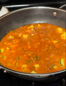 Pasta in Homemade Tomato Sauce with Zucchini and Soy Chorizo